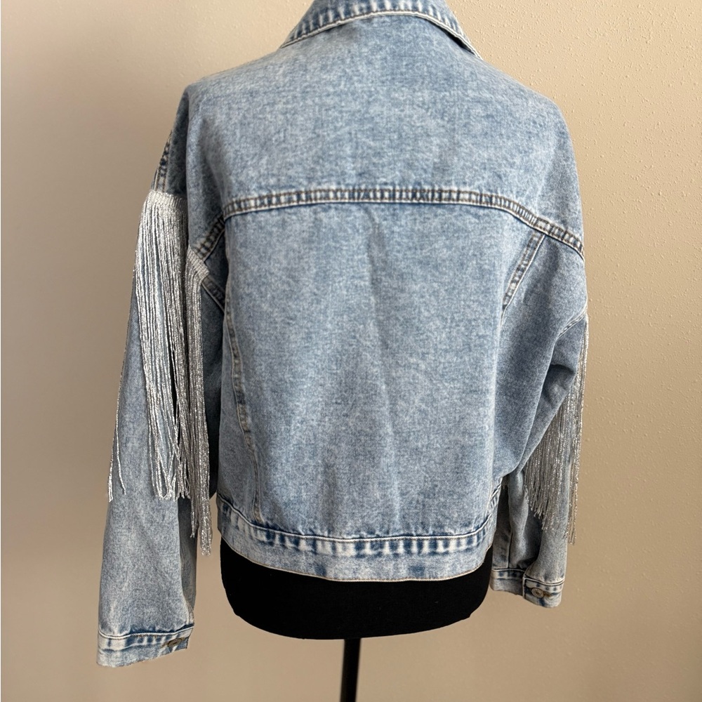 Fringe Denim Jacket Western Cropped Light Wash Festival Rodeo Jacket M - Picture 4 of 13